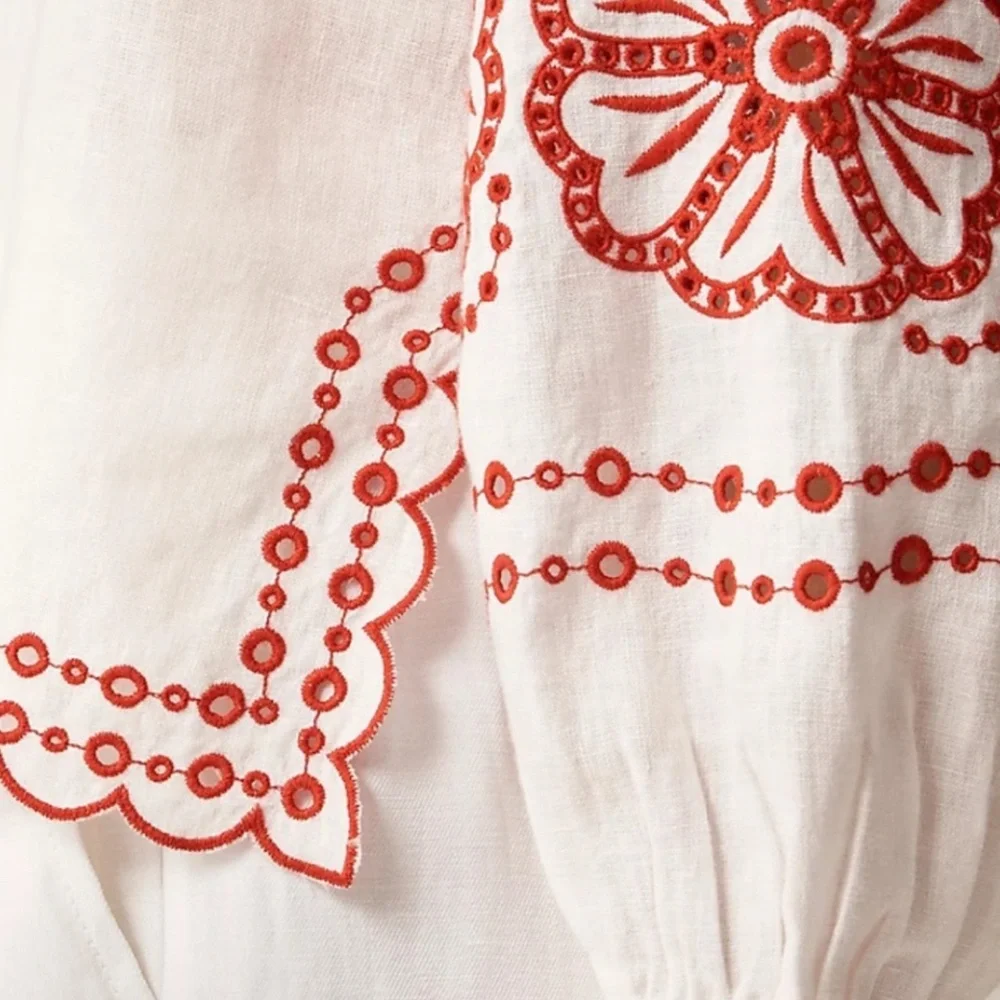 J. Crew White Linen Blouse with Red Embroidery - Picture 2 of 5